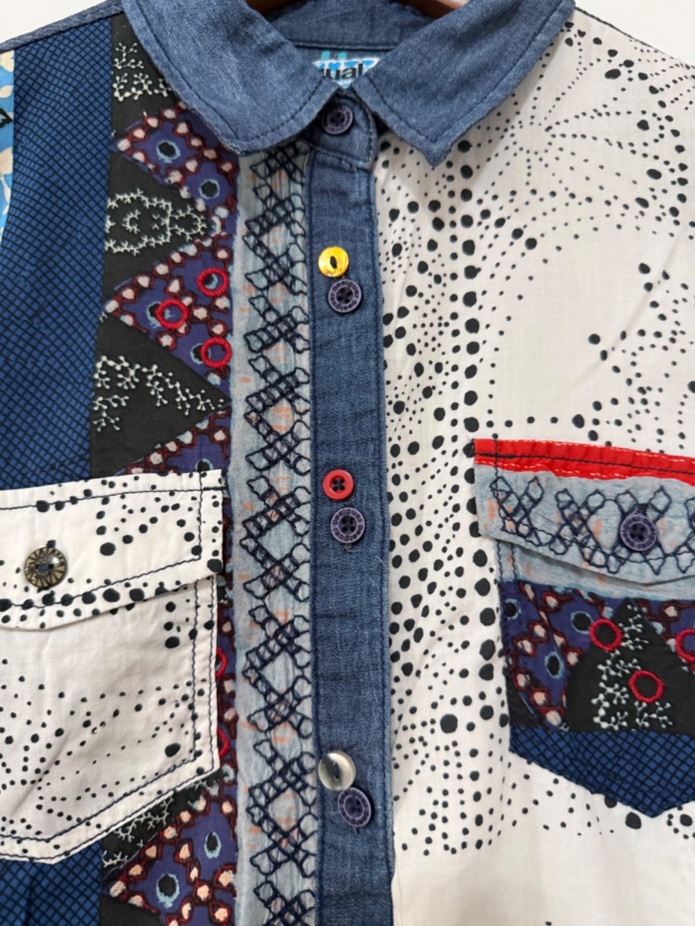 Desigual CAM_MARTE Patchwork Button Down Shirt Women’s M Multi-Pattern Cotton - Picture 4 of 15